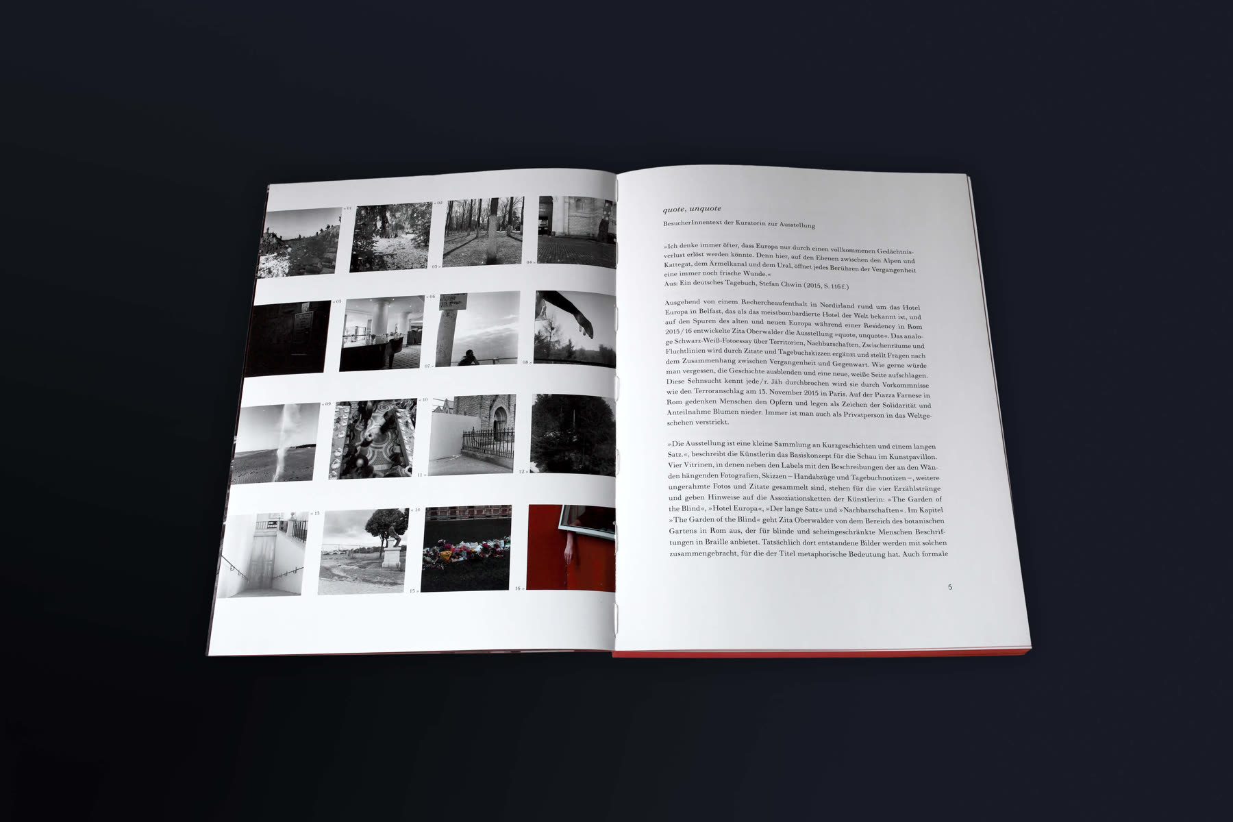 Spread with a grid of small photographs beside text