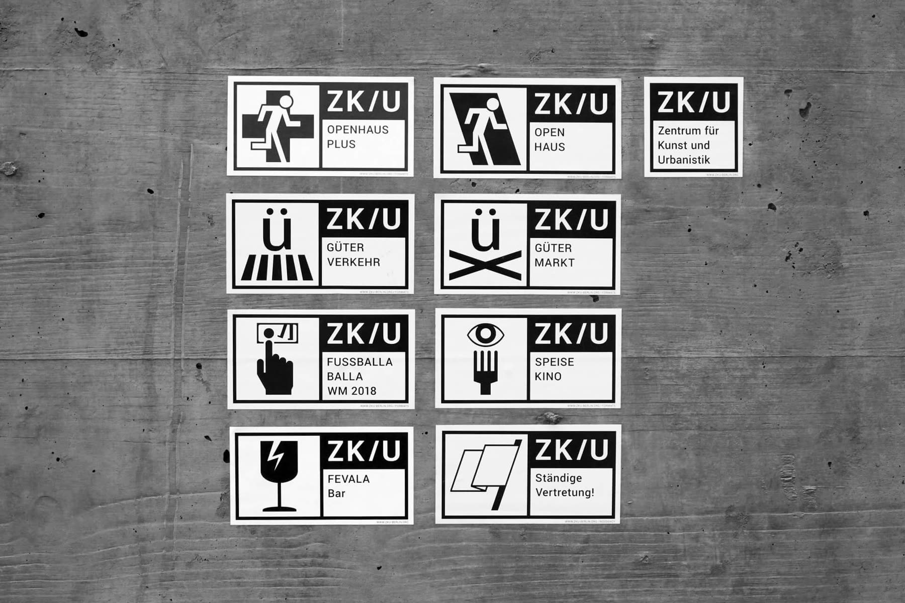 Grid of stickers combining the ZK/U logo with pictograms